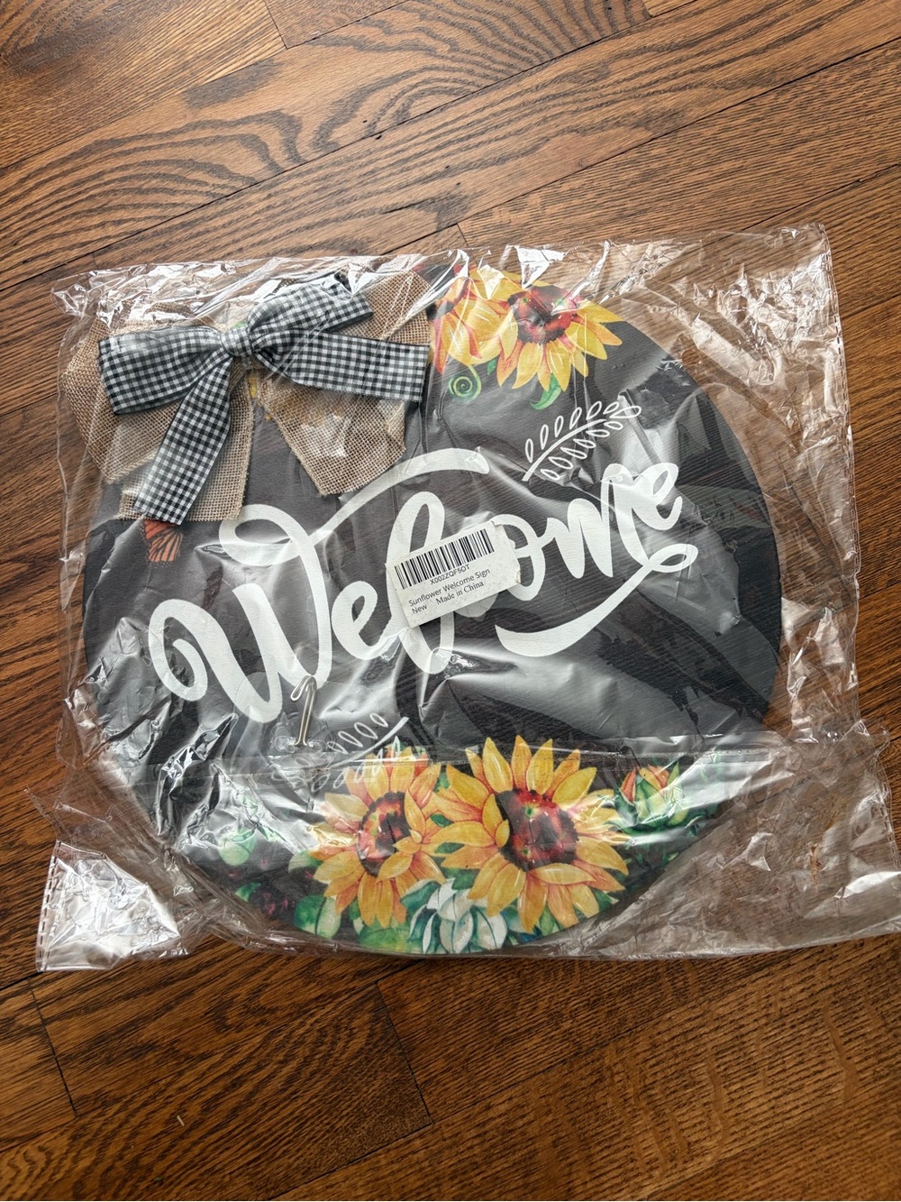 Farmhouse Sunflower Round Door Hanger Sign Burlap Plaid Bow New